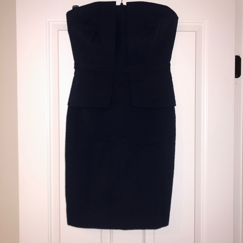 Navy seersucker strapless peplum dress, BR sz 6